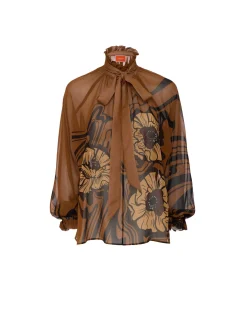 Cerere BlouseBig Blooms Placée Brown in Silk Chiffon