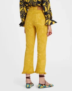 Fancy Crop JeansSicomore Yellow in Laser-Printed Denim With Fringe