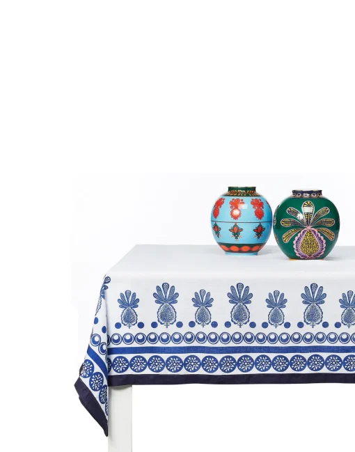 Large TableclothBig Pineapple Blu (Placée) in Linen