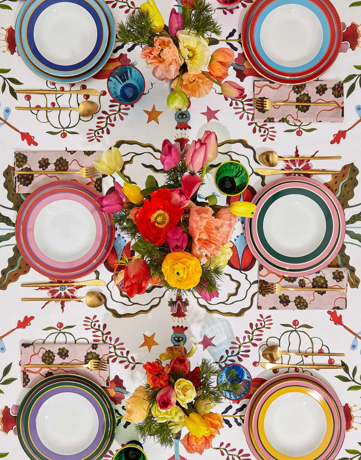 Large TableclothWhite Turning Tulips in Linen