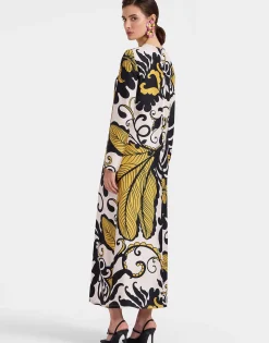 Long Sleeve Swing DressMarea Black & White in Silk Twill