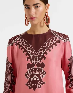 Long Sleeve Swing DressOltrarno Placée Pink in Silk Twill