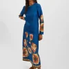 Long Sleeve Swing DressPoppies Blue Placée in Twill Silk