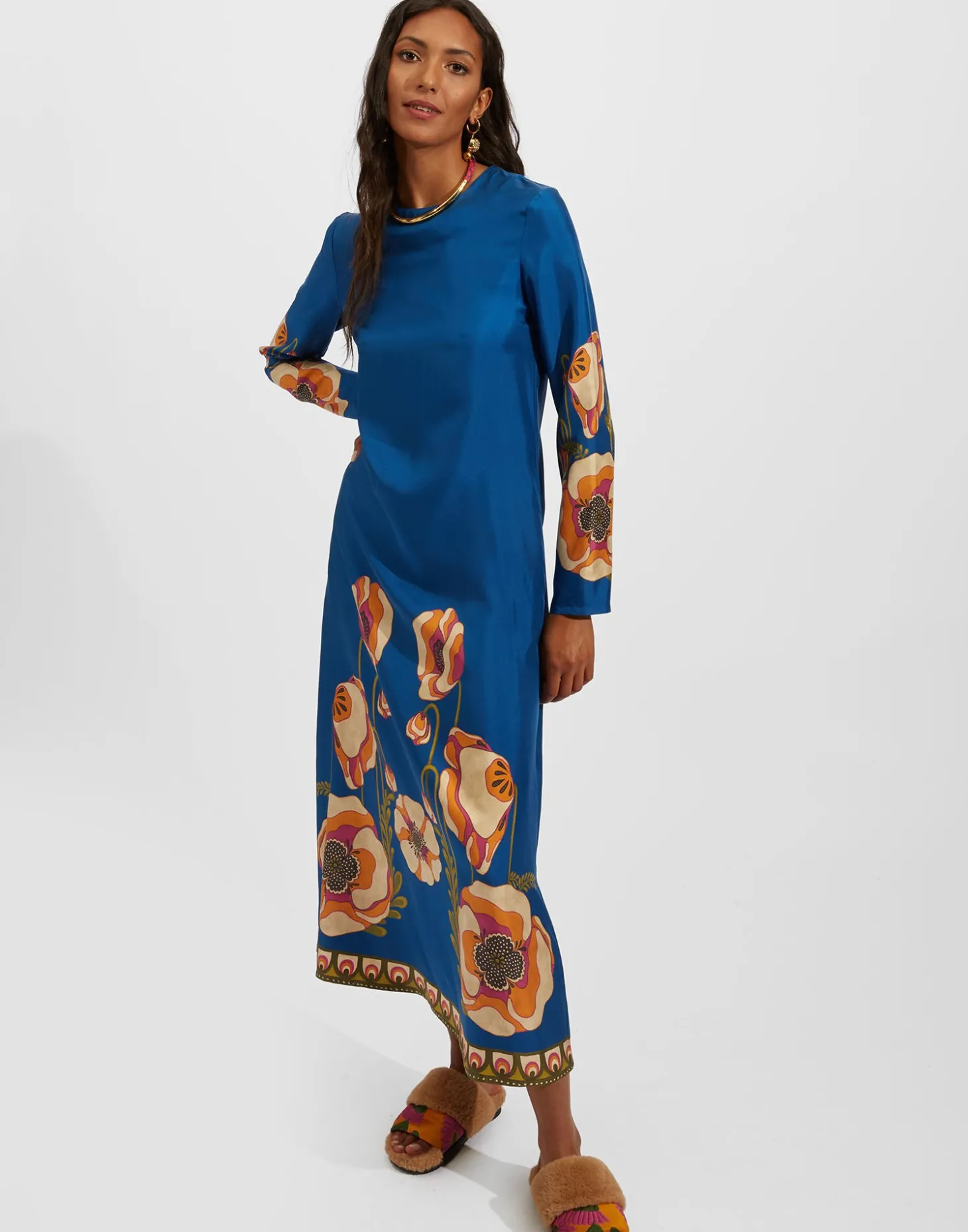 Long Sleeve Swing DressPoppies Blue Placée in Twill Silk