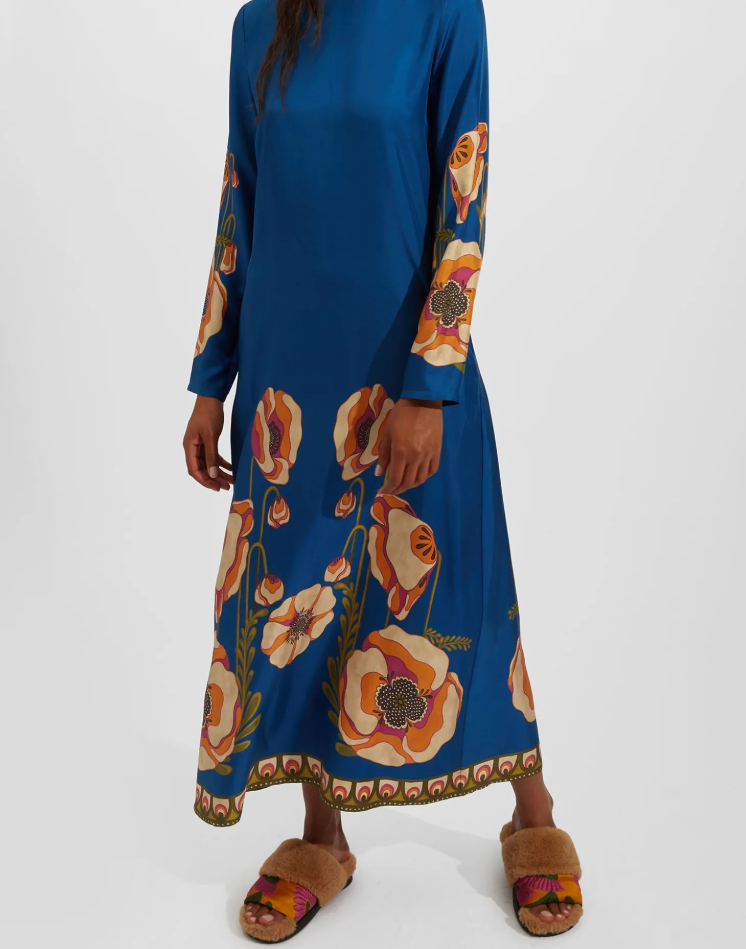 Long Sleeve Swing DressPoppies Blue Placée in Twill Silk