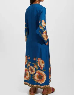 Long Sleeve Swing DressPoppies Blue Placée in Twill Silk