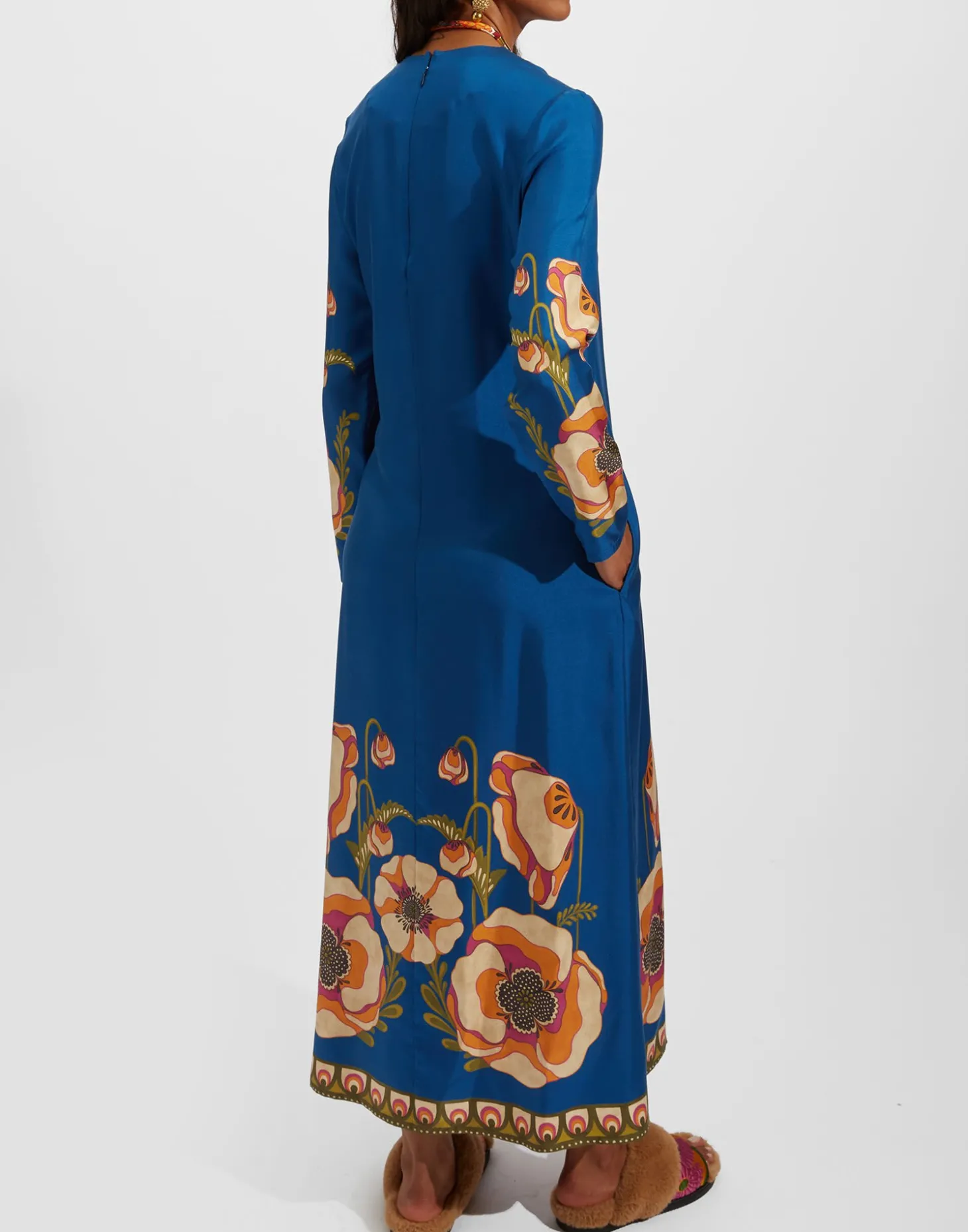 Long Sleeve Swing DressPoppies Blue Placée in Twill Silk