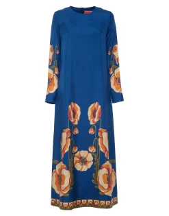 Long Sleeve Swing DressPoppies Blue Placée in Twill Silk
