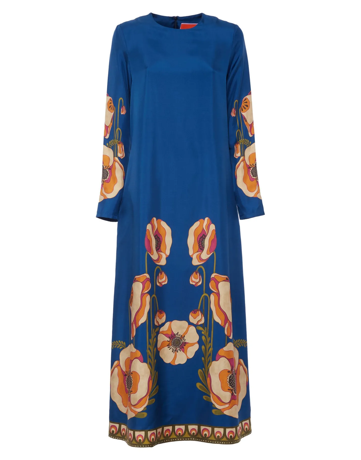 Long Sleeve Swing DressPoppies Blue Placée in Twill Silk