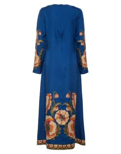 Long Sleeve Swing DressPoppies Blue Placée in Twill Silk