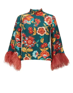 Make An Exit TopHottie Emerald in Silk Twill With Feathers