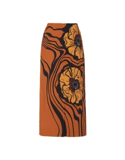 Pencil SkirtBig Blooms Placée Brown in Envers Satin