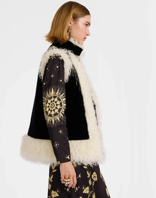Sleeveless Folk JacketSolid Black in Cotton Velvet Embroidered