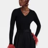 V-Neck High Kick TopSolid Black in Ribbed Silk Cashmere With Feathers